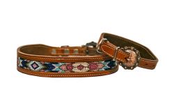 Showman Couture Genuine leather 1" wide dog collar with beaded inlay