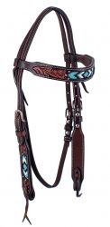 Showman Dark Brown Argentina cow leather headstall with teal beaded inlays