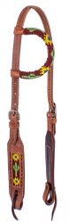 Showman Beaded one ear harness leather headstall with beaded sunflower and cactus inlay