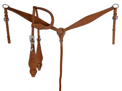 Medium oil leather one ear headstall and breast collar set with floral tooling and silver accents