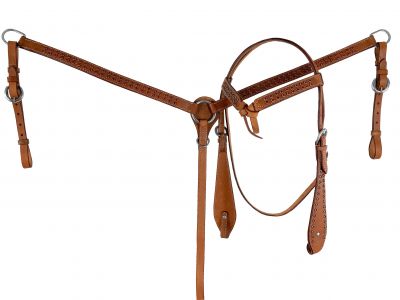 Medium oil leather browband headstall and breast collar set with red silver dots
