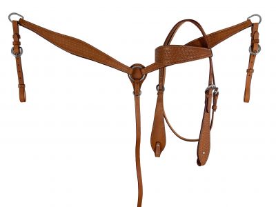 Medium oil leather browband headstall and breast collar set with floral basketweave tooling