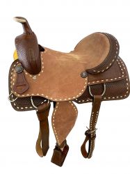 16" Roper Style saddle with rough out leather hard seat. Saddle features rough out fenders and jockies. Saddle has basketweave tooling on skirts and pommel