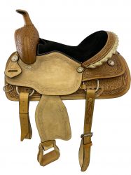 16" Roper Style saddle with rough out fenders and jockies with light floral/basket weave combo tooling