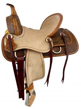 12" Double T hard seat roping style saddle with combo basket/ floral tooling