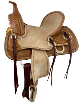 12" Double T hard seat roping style saddle with micro floral tooling