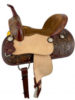 12" Double T suede seat barrel style saddle with floral tooling