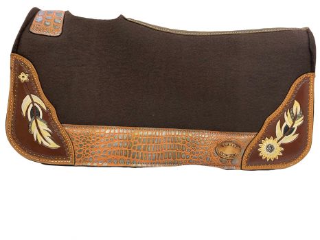 Klassy Cowgirl 28" x 30" Barrel Style 1" Brown felt pad with antiqued white feather & sunflower design