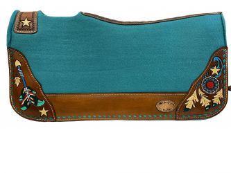 Klassy Cowgirl 28x30 Barrel Style 1" Teal felt pad with painted feather accent and teal leather lacing