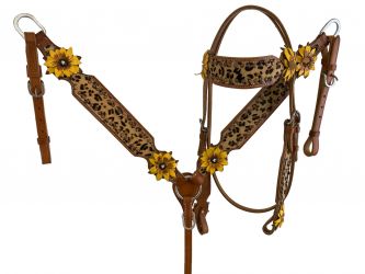 Showman Cheetah Inlay Headstall and Breast collar Set with 3D leather painted sunflower accents