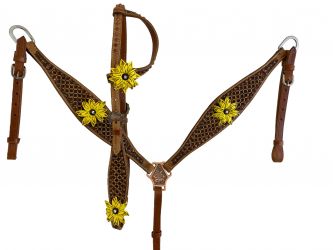 Showman Hand Painted 3D leather Sunflower One Ear Headstall and Breast collar Set