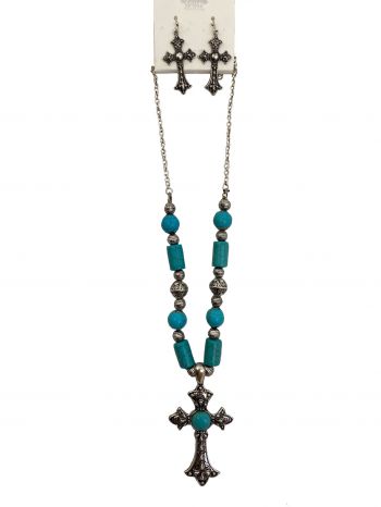 18" Silver and turquoise beaded necklace set with 2-1&#47;2" silver cross and earrings