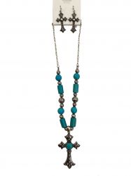 18" Silver and turquoise beaded necklace set with 2-1/2" silver cross and earrings