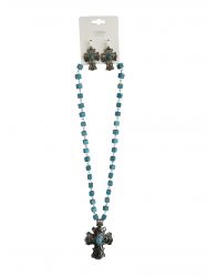 18" Silver and turquoise rosary style beaded necklace set with 2-1/2" silver cross and earrings