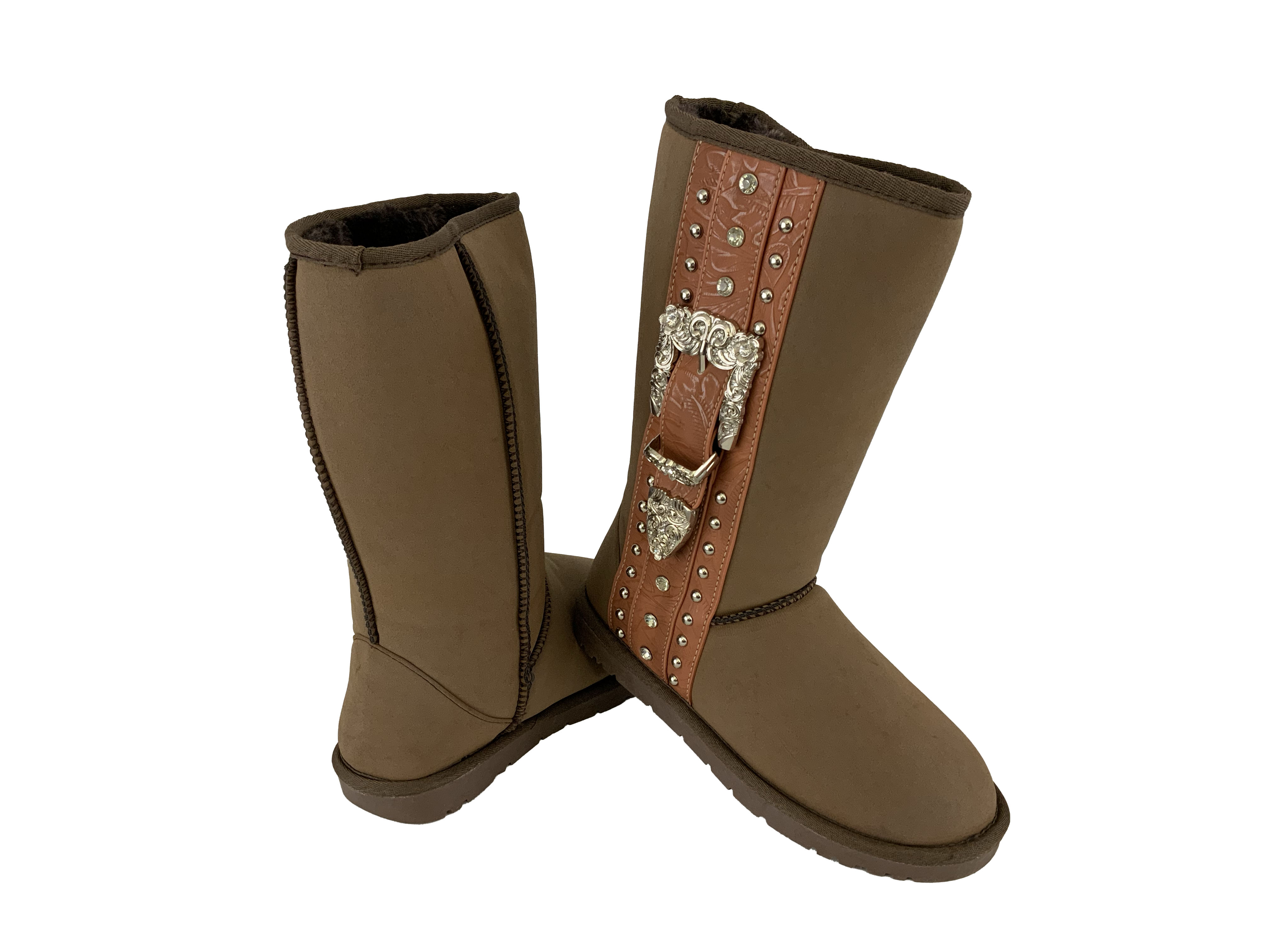 P&G Mocha suede tall boot with buckle and leather strip