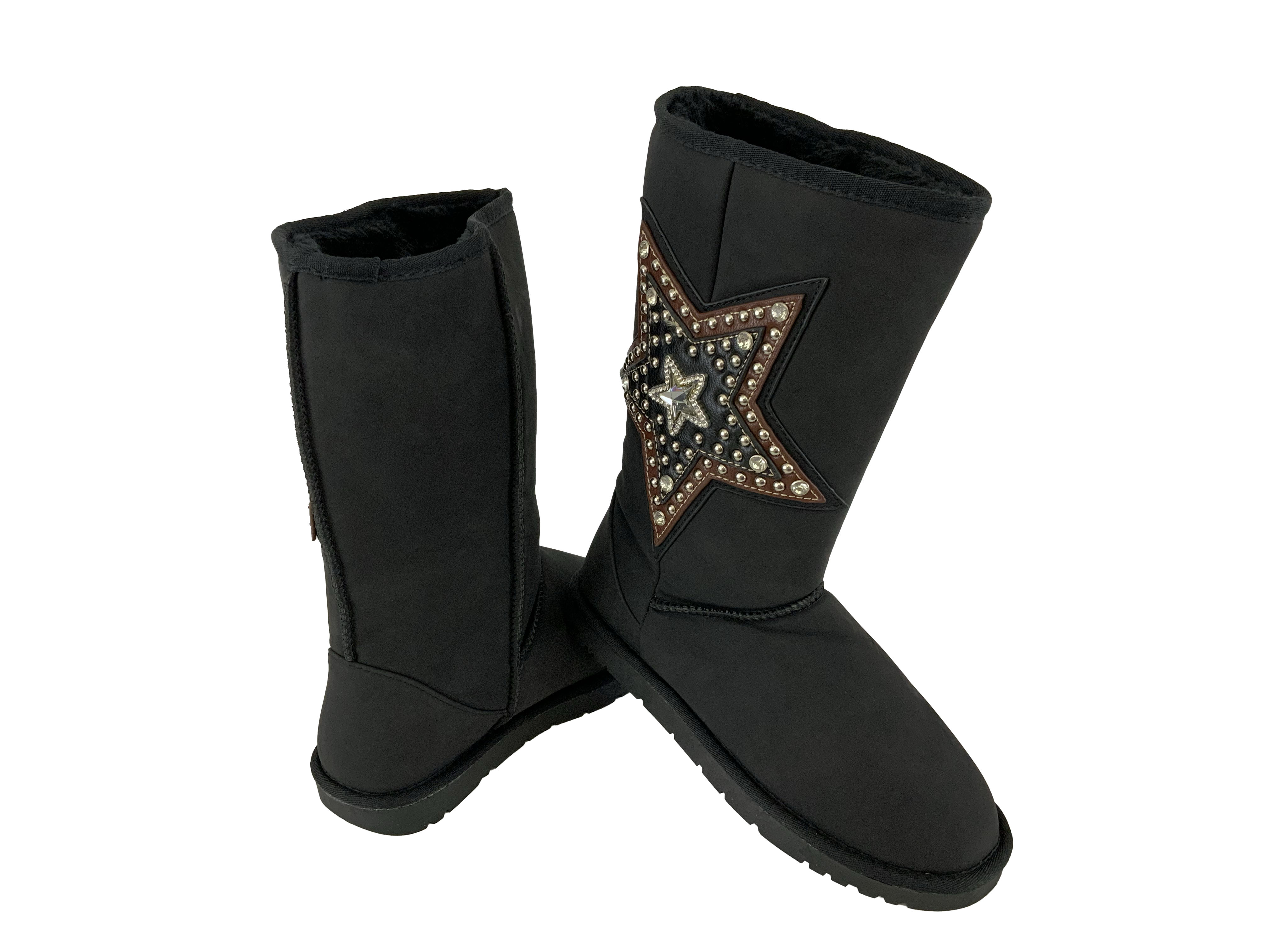 P&G Black suede tall boot with leather star and rhinestones