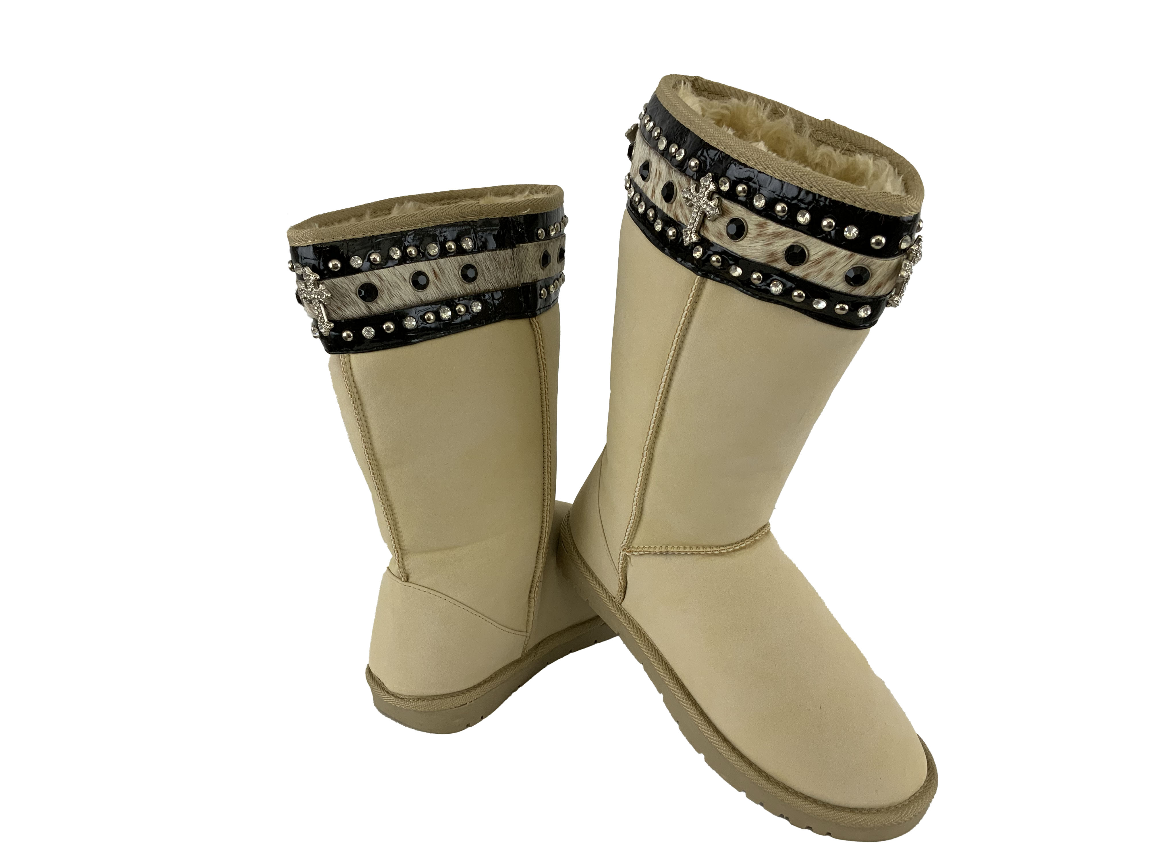 P&G Sand suede tall boot with black gator leather stripe with cowhide stripe with black and crystal rhinestones