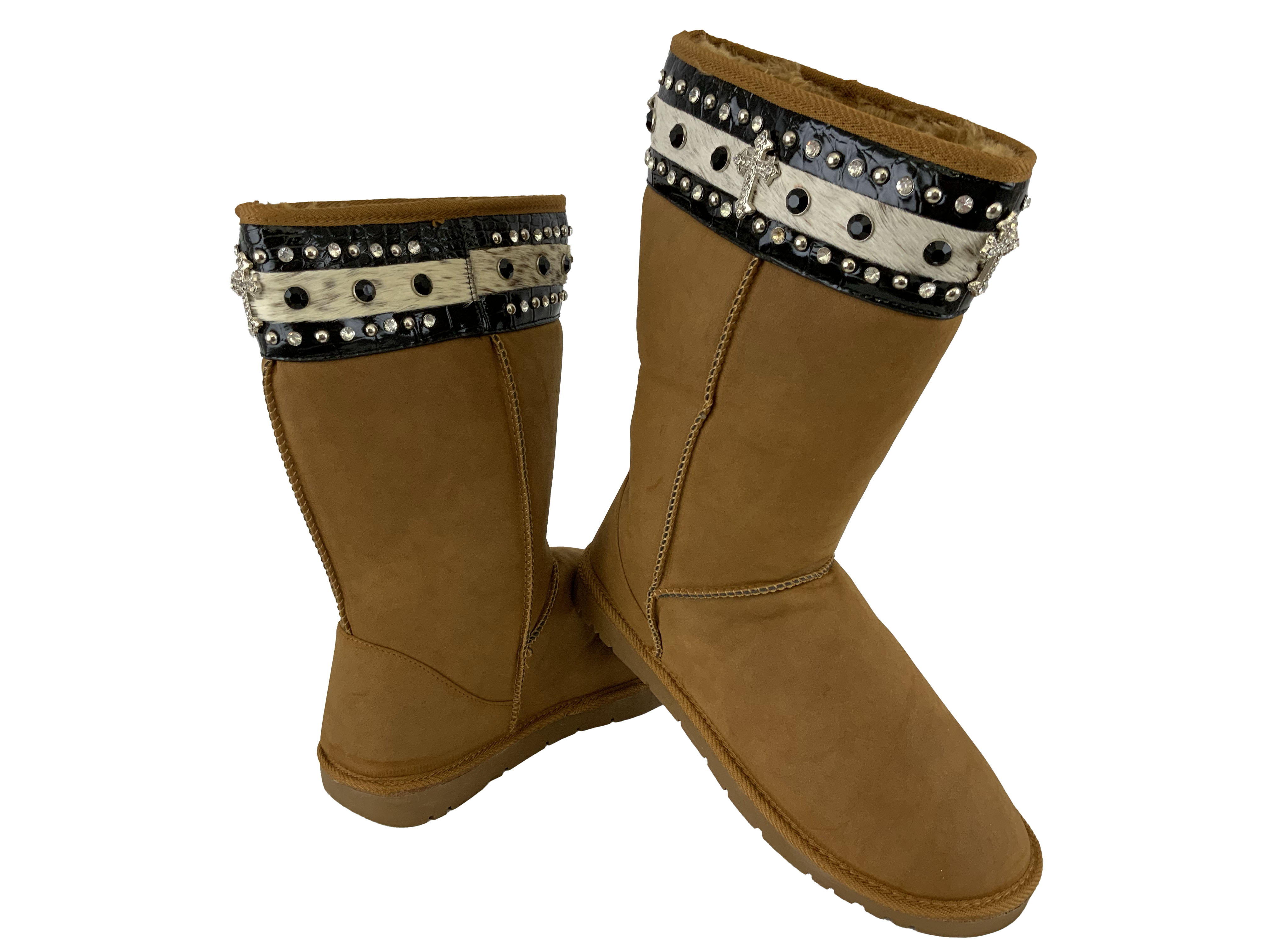 P&G Camel suede tall boot with black gator leather stripe with cowhide stripe with black and crystal rhinestones