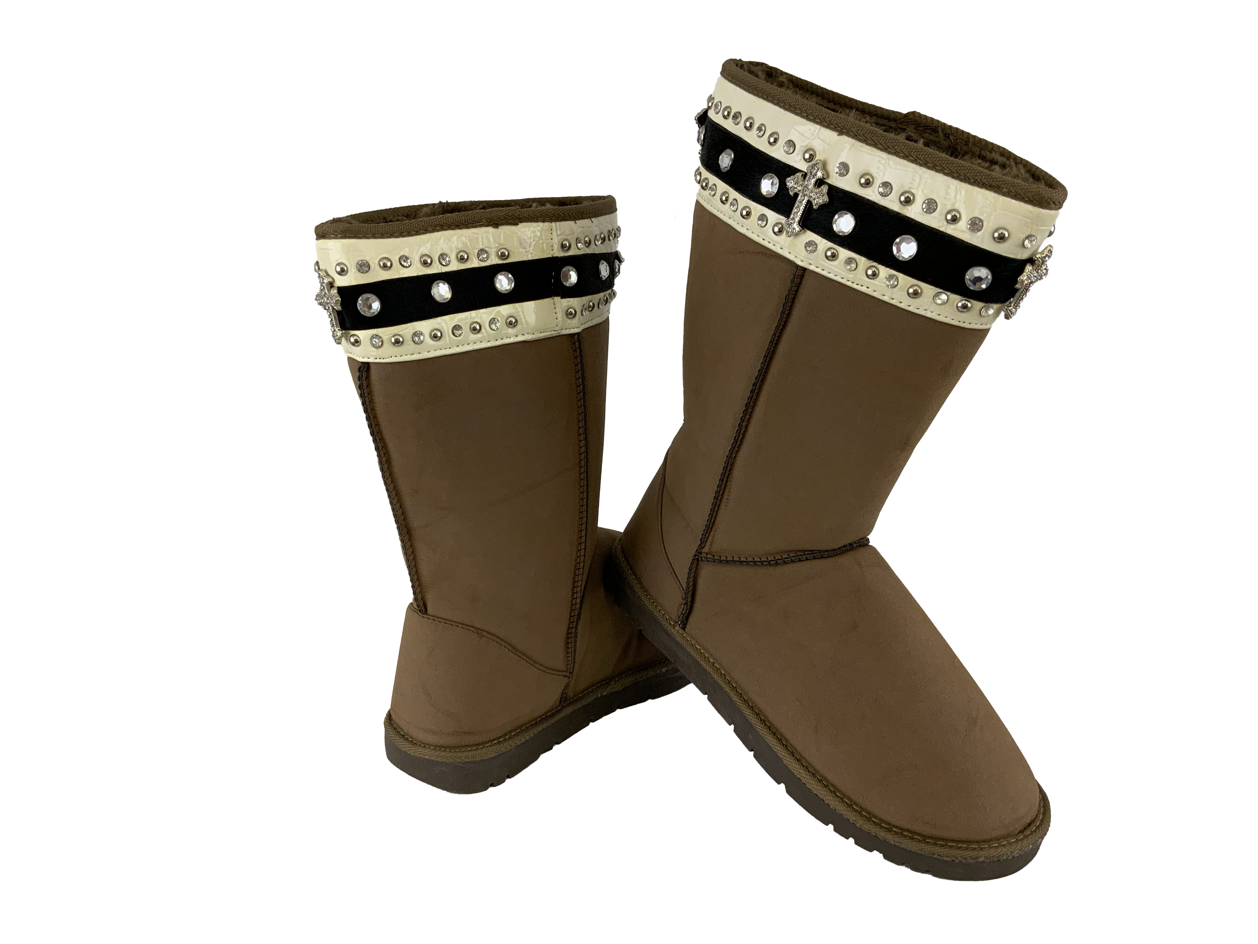 P&G Mocha suede tall boot with black gator leather stripe with cowhide stripe with black and crystal rhinestones