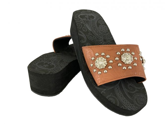 P&G Western Bling Wedge Flip Flops Tobacco with Leather Strap and flower concho and tiny silver gems