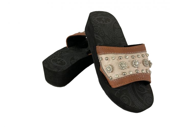 P&G Western Bling Wedge Flip Flops with Brown and Sand Leather and small flower rhinestones and silver beading
