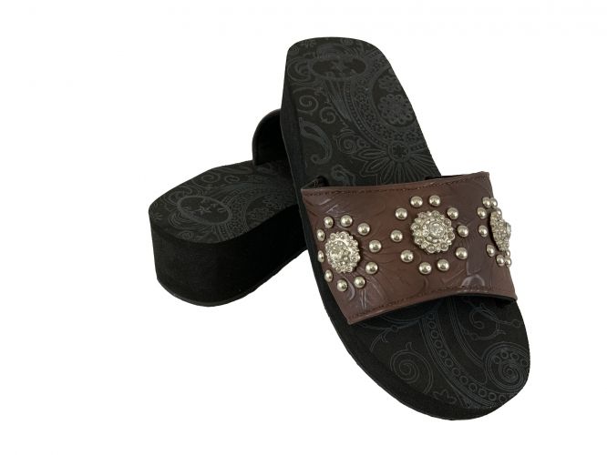 P&G Western Bling Wedge Flip Flops with Mocha Leather and small flower rhinestones and silver beading