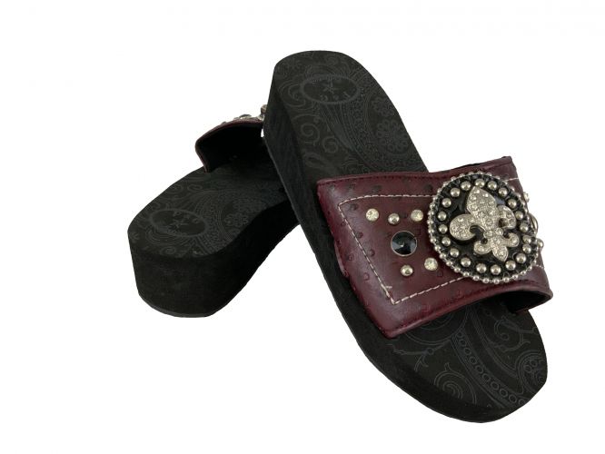 P&G Burgundy Ostrich Wedge Flip Flops with fleur de lis Concho and accent beading