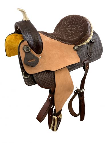 16" Barrel Style saddle with rough out fenders & jockies with Dark Oil basket weave tooling