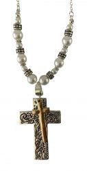 Silver beaded necklace set with gold cross on silver cross charm