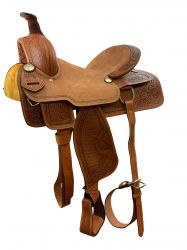 16" Roper Style saddle with roughout leather hard seat. Saddle has a basket & floral weave tooling on skirt, fenders and pommel