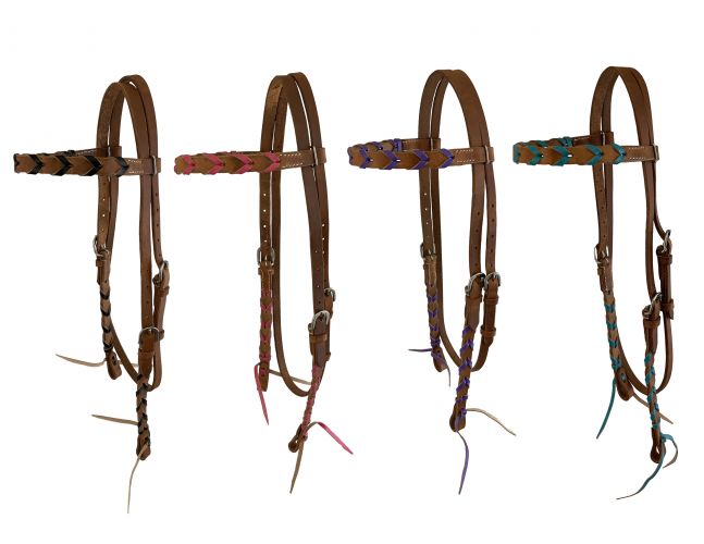 Showman Argentina cow leather browband headstall with colored lacing