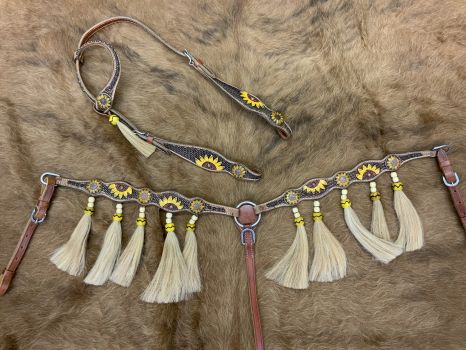Showman Medium Oil Browband Headstall and Breast collar set with Painted Sunflower Design and Horse Hair Tassels #2