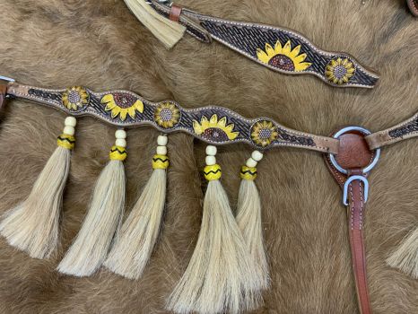 Showman Medium Oil Browband Headstall and Breast collar set with Painted Sunflower Design and Horse Hair Tassels #3