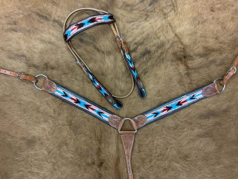 Showman Browband Headstall &amp; Breast collar set with wool southwest blanket inlay - teal and cream #2