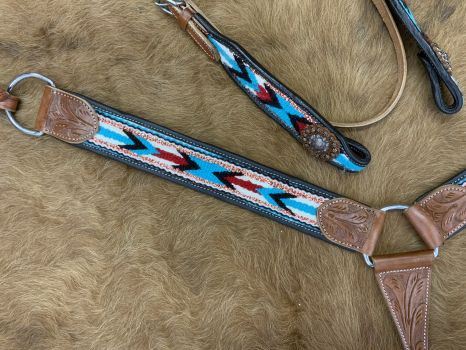 Showman Browband Headstall &amp; Breast collar set with wool southwest blanket inlay - teal and cream #3