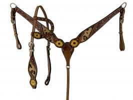 Showman Hair on Cheetah inlay One Ear headstall and breast collar set with silver beads and sunflowers