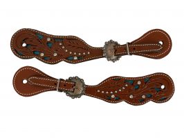 Showman Ladies Tooled Spur Straps with teal inlay and rhinestone accents