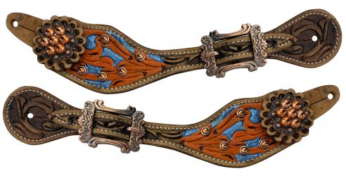 Showman Ladies Hand painted orange and metallic blue floral stamped spur strap with copper hardware