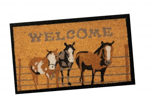 Welcome Horses at Fence Design Outdoor Door Mat