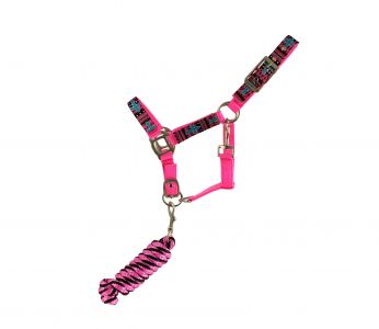 Showman Pony triple ply pink nylon halter with cross overlay & lead rope