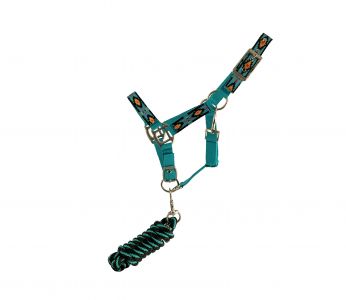 Showman Pony triple ply turquoise nylon halter with southwest design overlay & lead rope