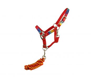Showman Pony triple ply red nylon halter with tie-dye print overlay & lead rope