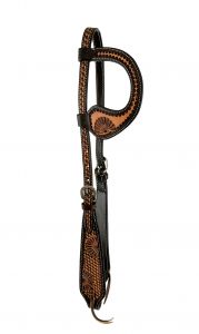 Showman Two Tone one ear headstall with half floral tooled design, Argentina Cow leather. REINS NOT INCLUDED