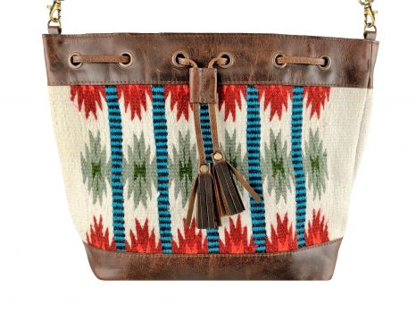 Klassy Cowgirl Wool Saddle Blanket Bucket Bag - white, red, and green