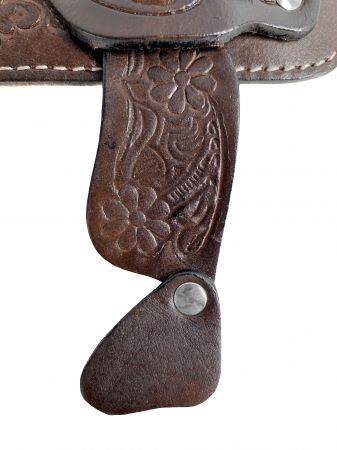 Floral tooled leather Mini decorative saddle. 6.5" tall x 4.75" wide. *INTENDED FOR DECORATION ONLY* #5
