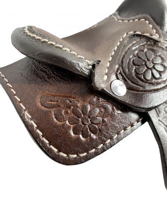 Floral tooled leather Mini decorative saddle. 6.5" tall x 4.75" wide. *INTENDED FOR DECORATION ONLY* #6