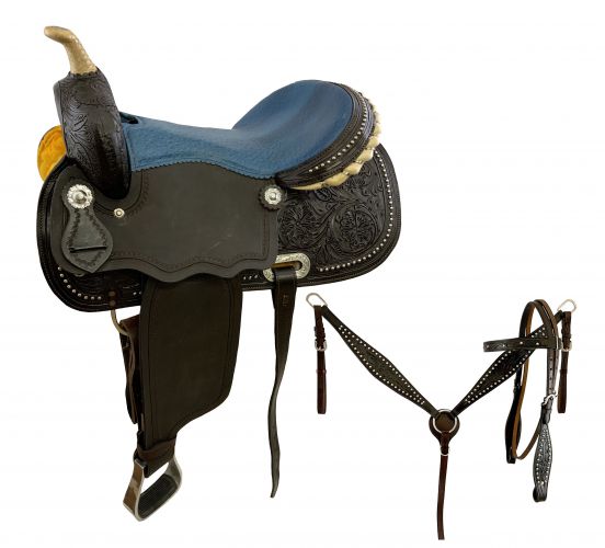 16" Economy Barrel Saddle Set with floral tooling, silver beads and blue ostrich print seat. Saddle comes complete with matching headstall and breast collar set. *No Reins*