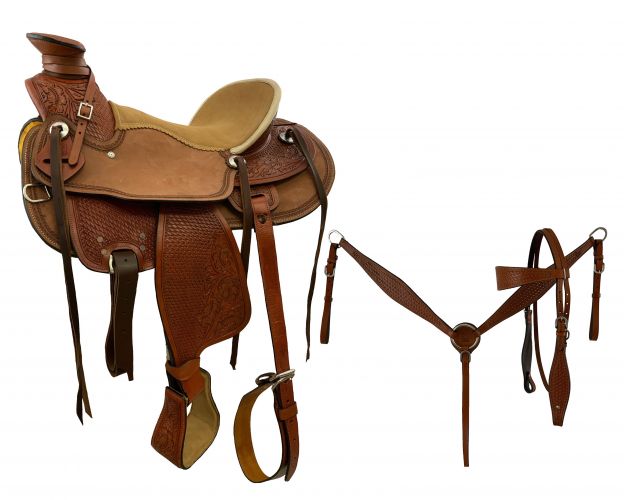 17" Medium Oil Wade Style Economy Roping Saddle Set with basket weave and floral tooling. Comes with Matching HS/BC Set with reins