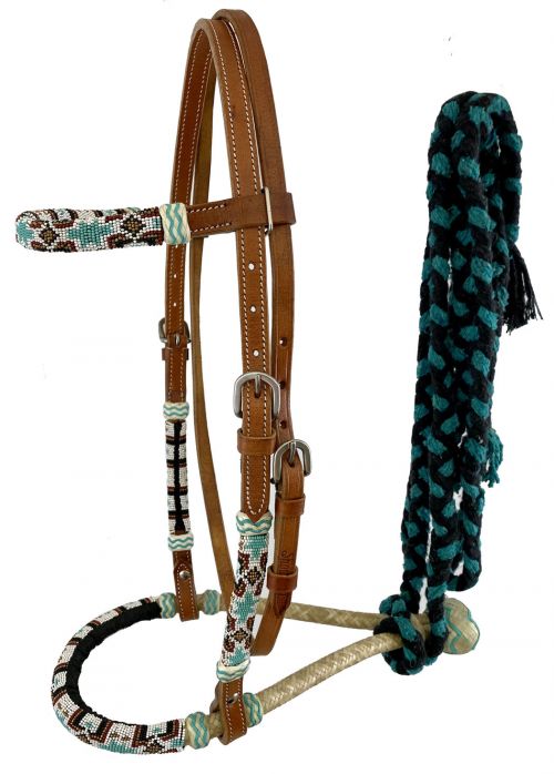 Showman Leather bosal headstall with southwest design beaded overlays and black&#47;teal cotton mecate reins