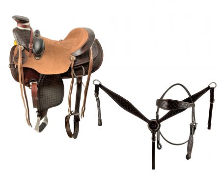 16", 17" Wade Style Economy Roping Saddle Set with basket weave tooling. Comes with Matching HS/BC Set with reins